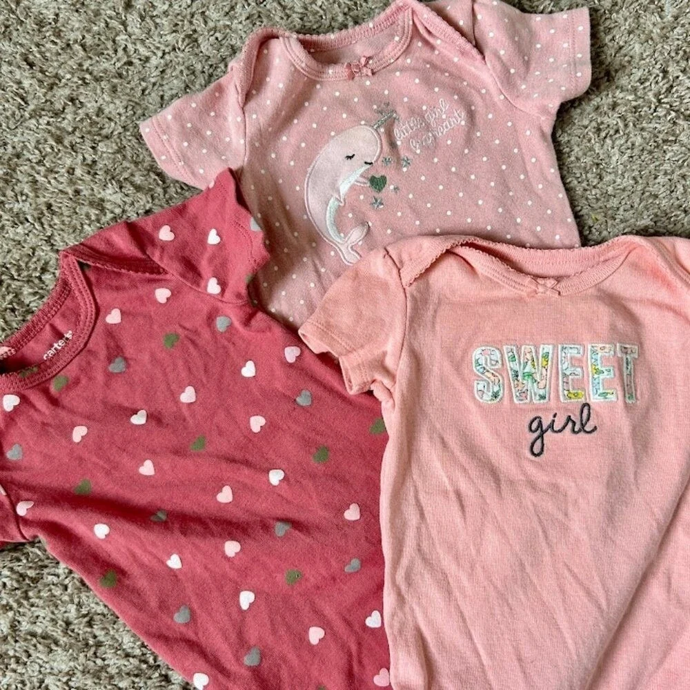 Carters Baby Girls 3 Pack Bodysuits I 9M I Pink Narwhal‎ Heart Sweet Girl